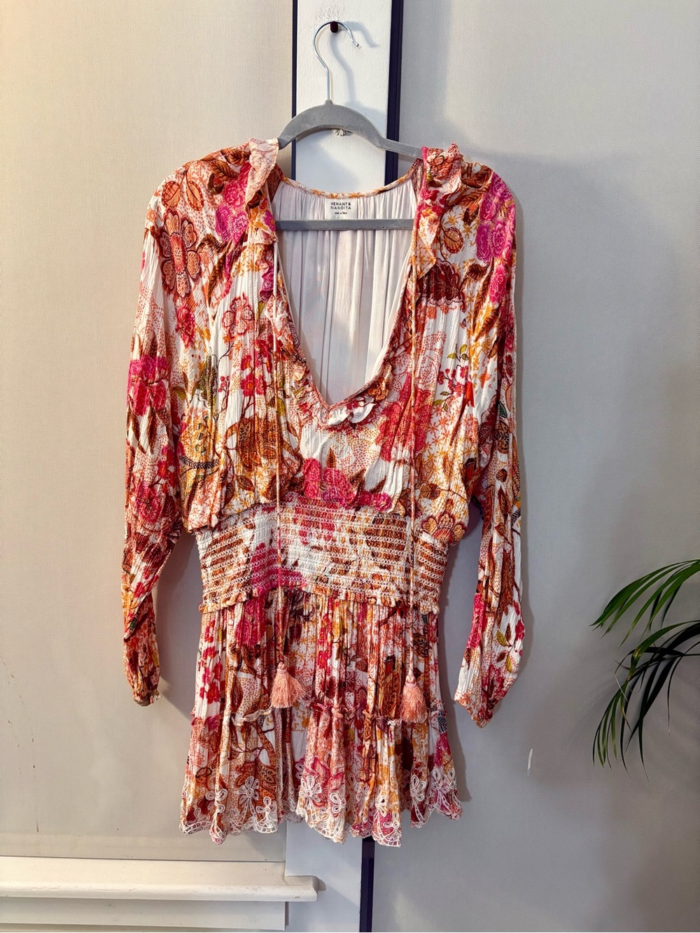 Floral Smocked Waist V-Neck Long Sleeve Mini Dress